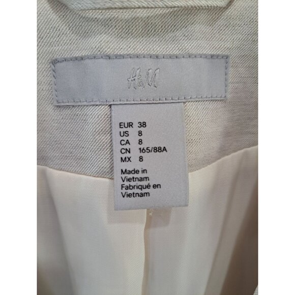 H&M Linen Bld Beige Ruched Sleeve Blazer Women's Size 8 Lightweight Open Front - Picture 2 of 10